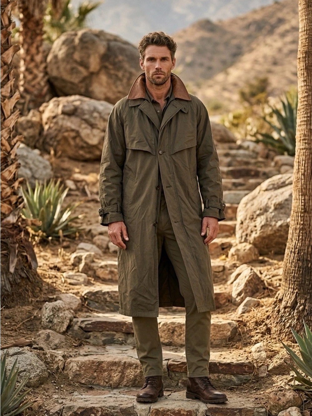 Men’s designer raincoat trench coat rare rugged GQ unique highwayman army green